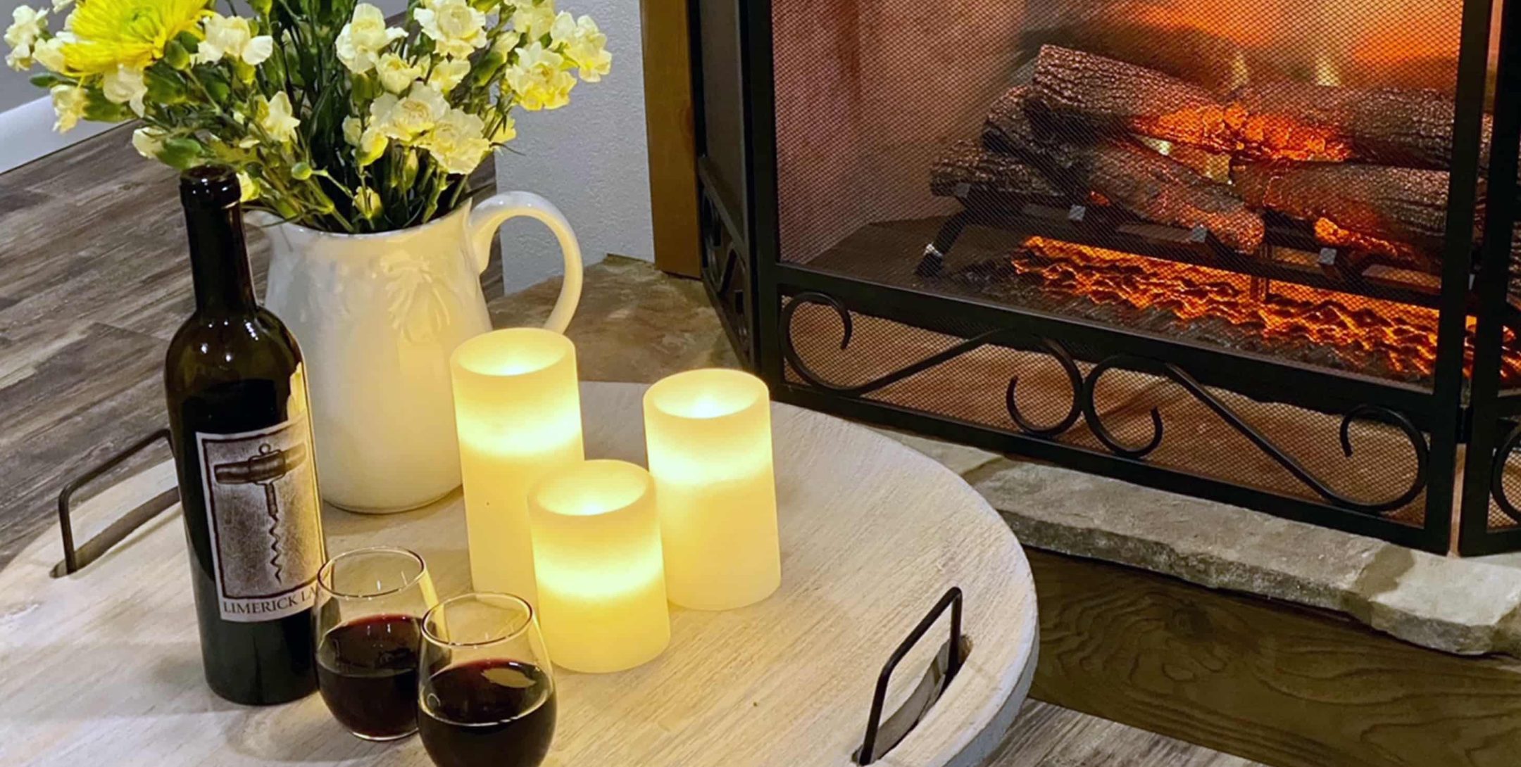 Big Sky Suite fireplace with wine and LED candles