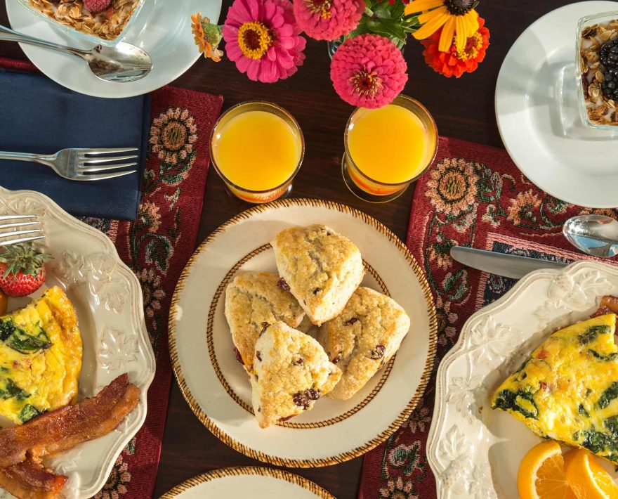 Overhead view of breakfast at Cedar Crest Lodge