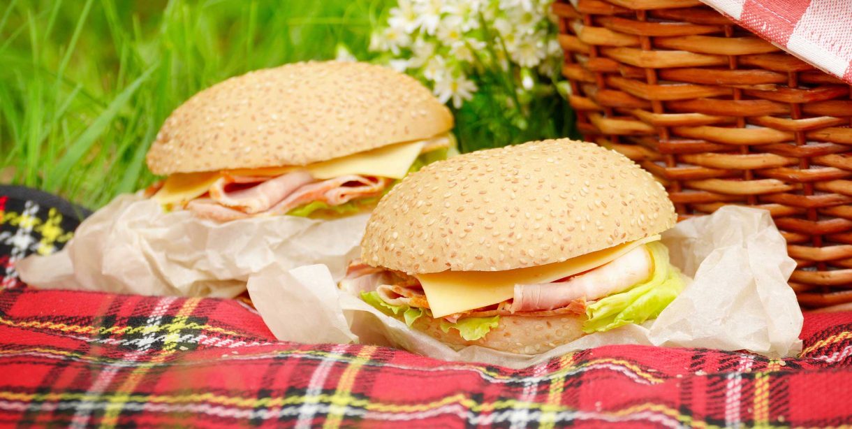 Sandwiches, picnic basket and blanket on the grass