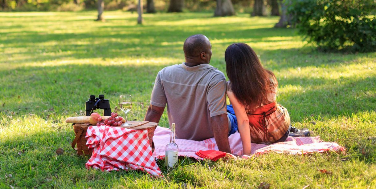 Couple having a romantic picnic lunch on the grass on a Kansas honeymoon