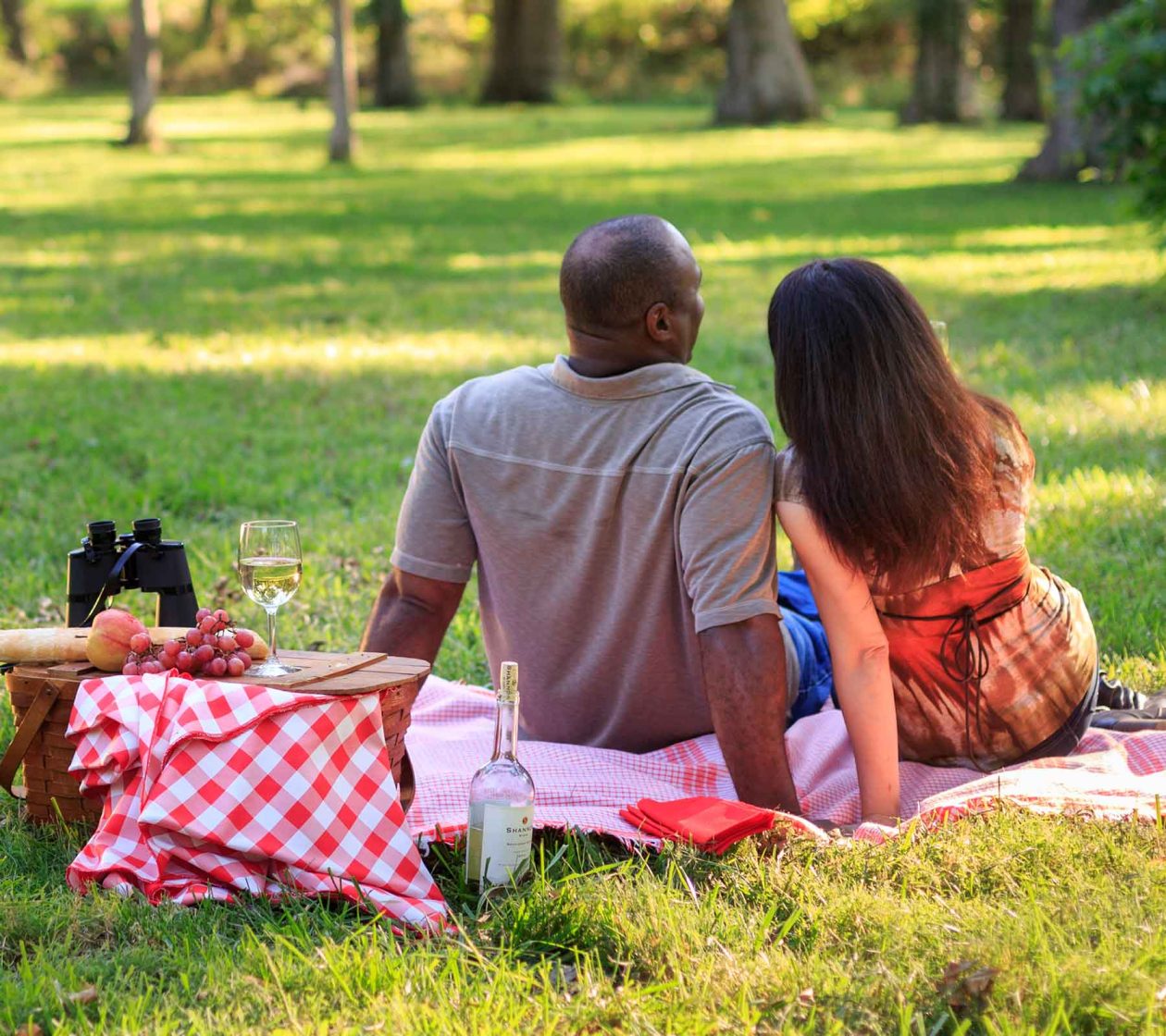 Couple having a romantic picnic lunch on the grass on a Kansas honeymoon