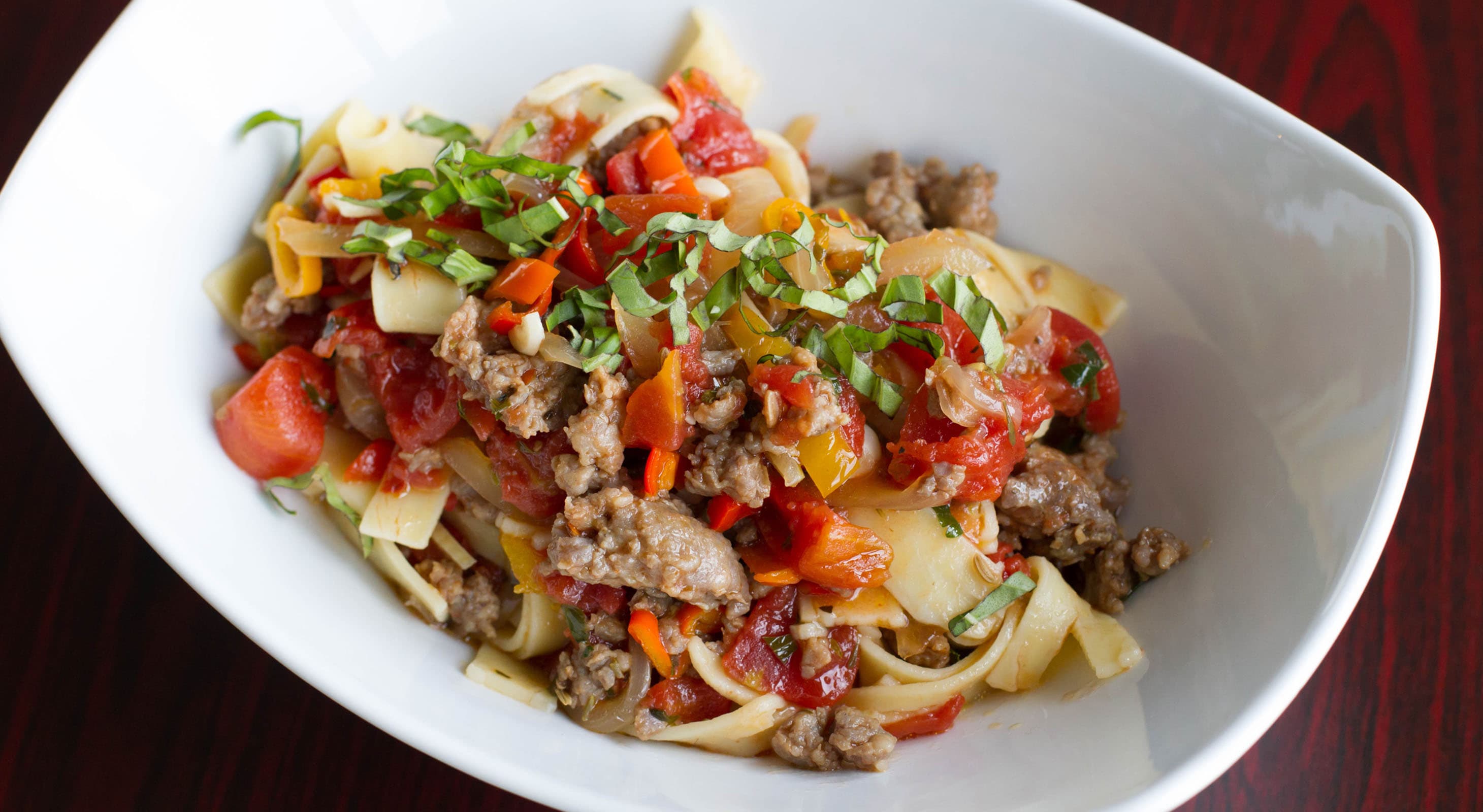 Pasta dinner in geometric bowl