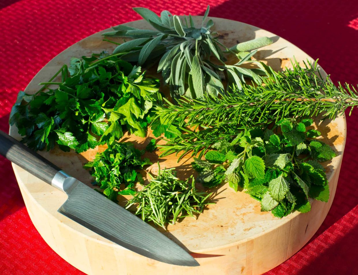 Fresh herbs on chopping block