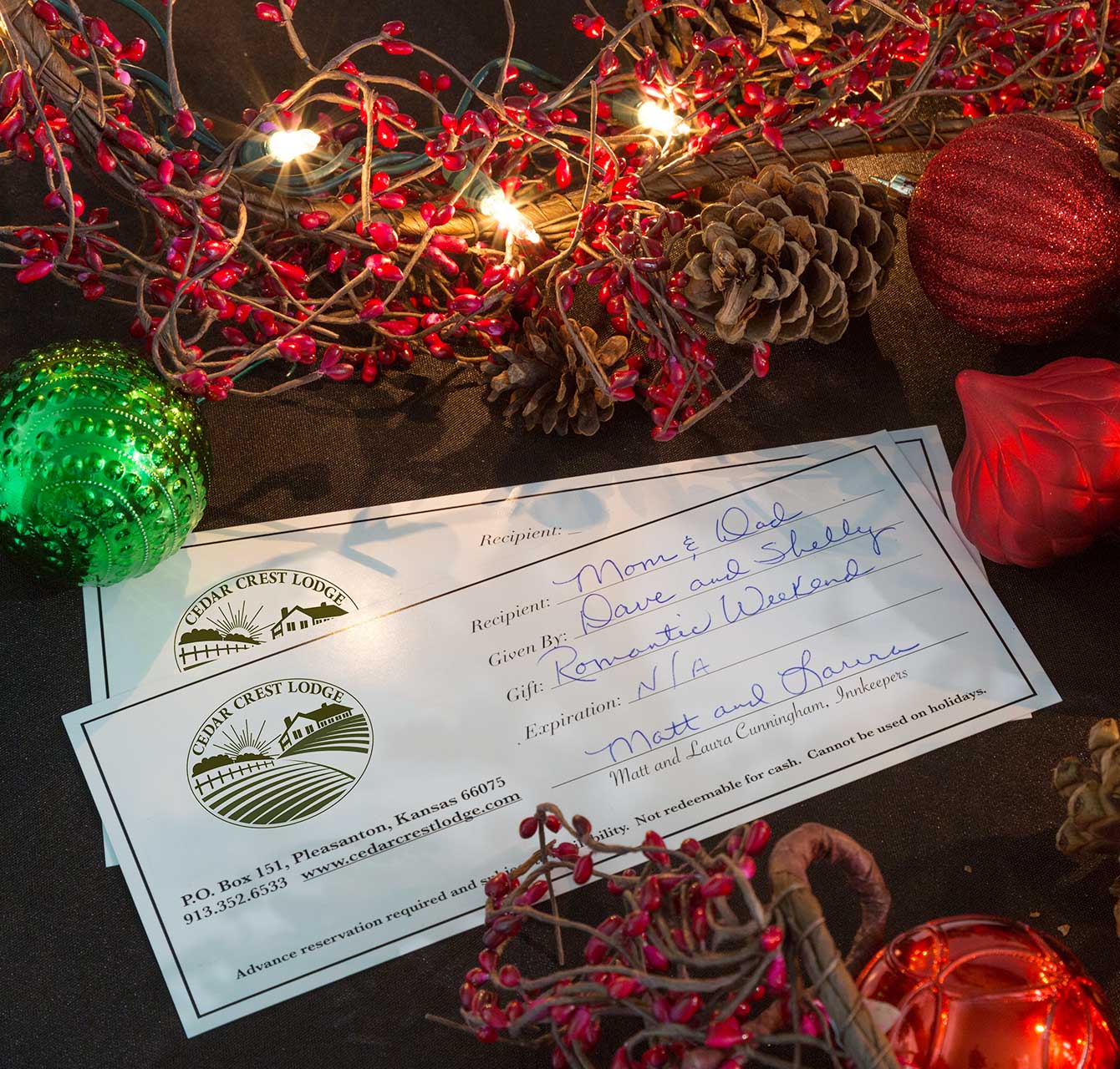 Cedar Crest Lodge gift certificates with Christmas decorations