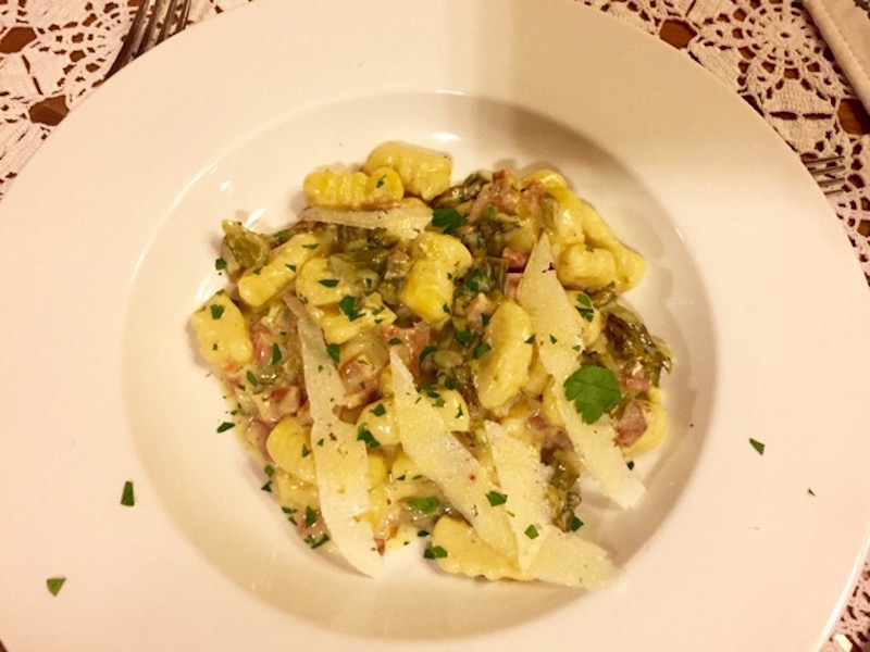 Gnocchi with pancetta and mushrooms. 